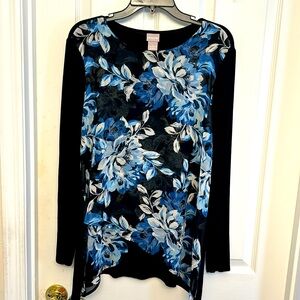 Chico’s women size 1 long top, blue floral cross cross front, solid back, LS,